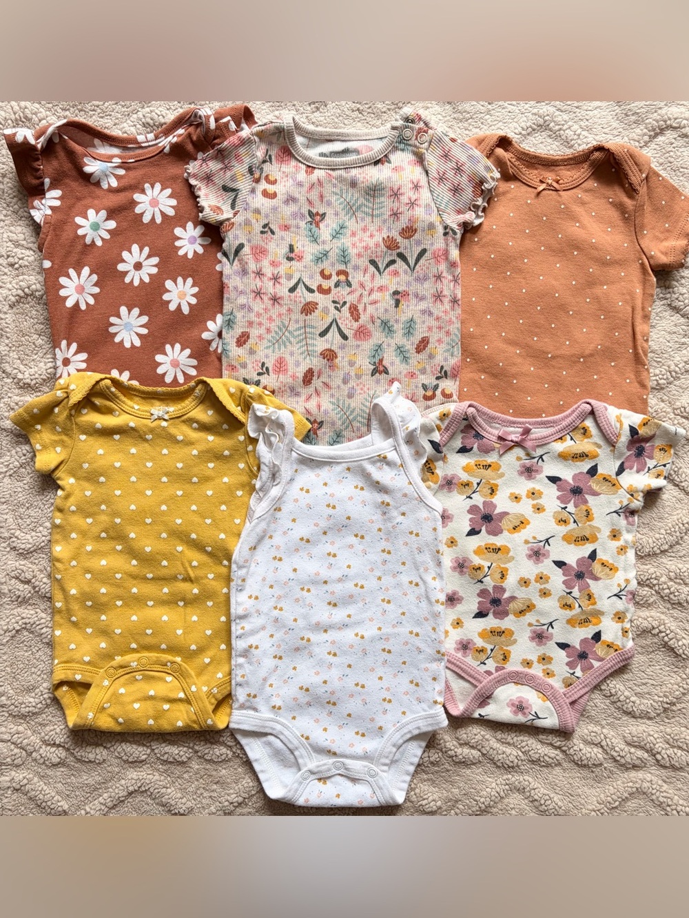 Baby Girl 3-6M Onesie Bundle - Earth Tone Floral Print Bodysuits, Lot Of 6